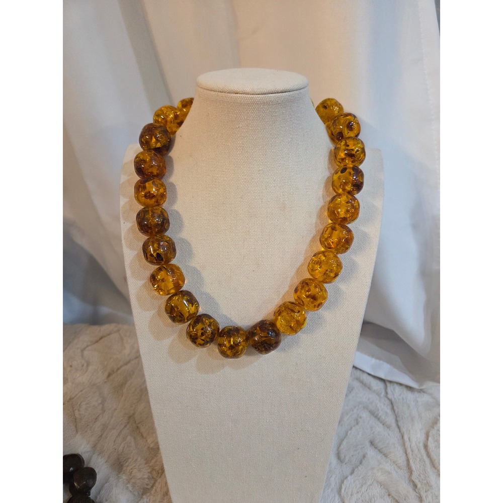 Vintage Chunky Honey Amber Resin Bead Statement Necklace Toggle Clasp
